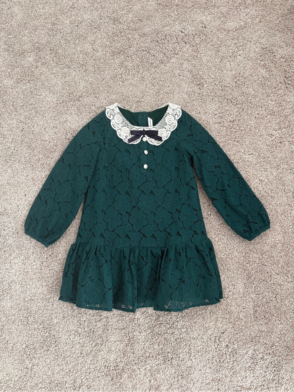 Janie and Jack Dark Green Lace Dress with White Lace Collar